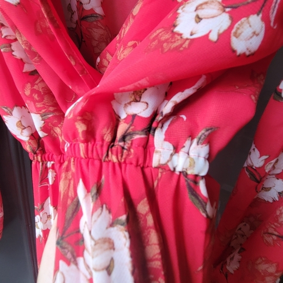 Indigo Rose Long Red/White Floral Dress Large Long Sleeves Flowy Lined V Neck - Picture 11 of 14